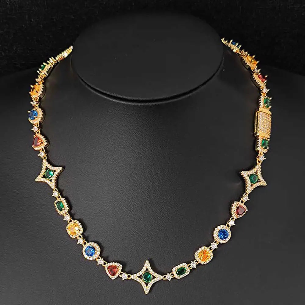 Hip Hop Jewelry Women Colored Zircon Iced Out Necklace Green/Blue/Red/yellow Crystal Gemstone Link Chain Necklace 18kGold Plated - ONLY ICE